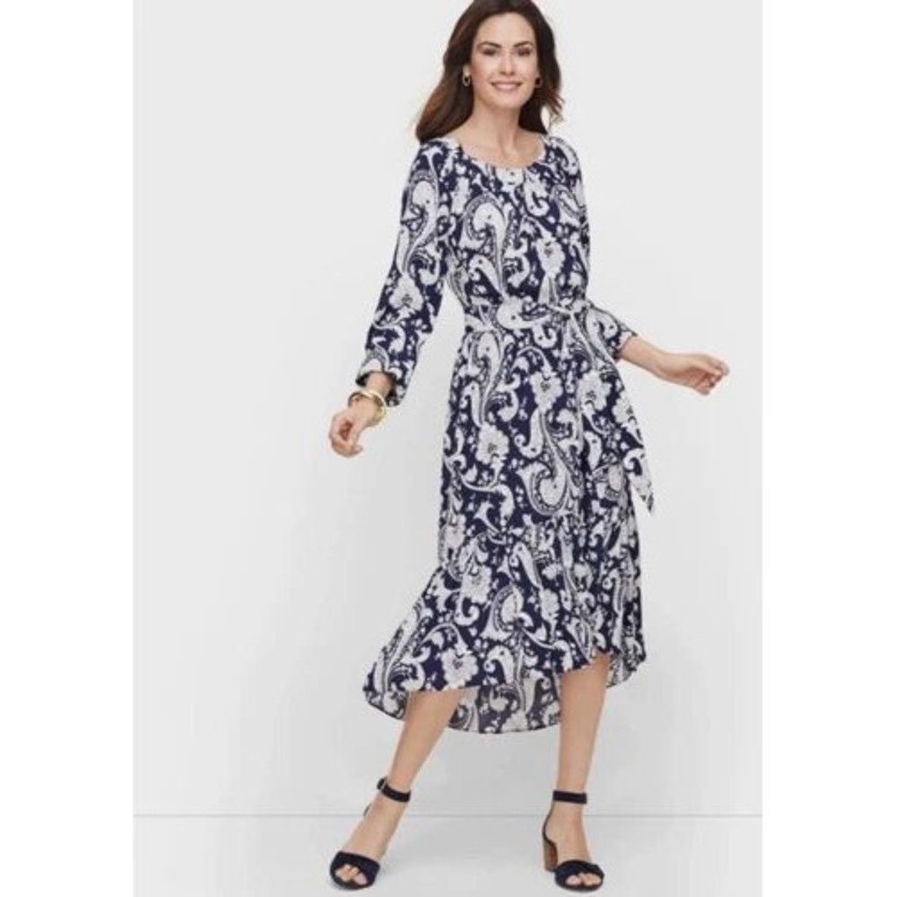 Talbots Dress Women L Blue Paisley Long Sleeve Belted Midi Career Flounce Hem